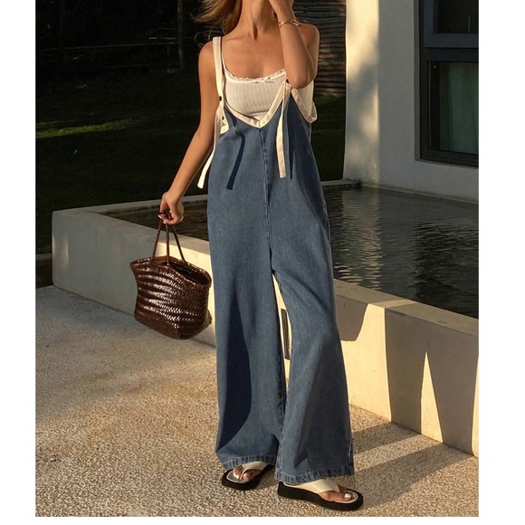 Dark Wash Pockets Straight leg Denim Jeans Bib Overalls - Picture 3 of 6